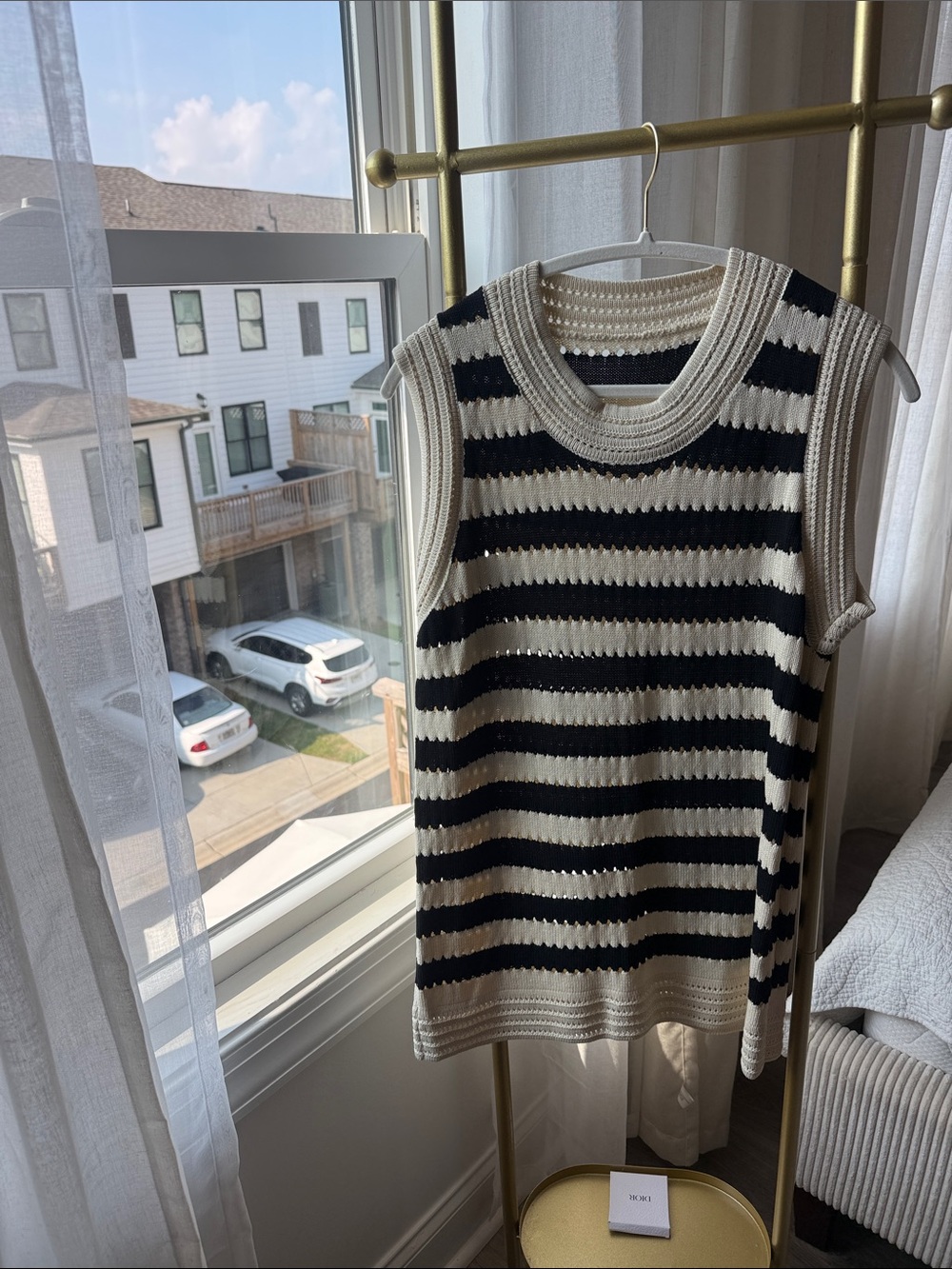 Sleeveless Striped Knit Sweater - Cream and Black